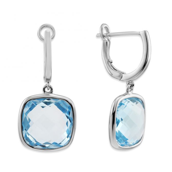 14K White Gold Cushion Checkerboard Blue Topaz Drop Earrings