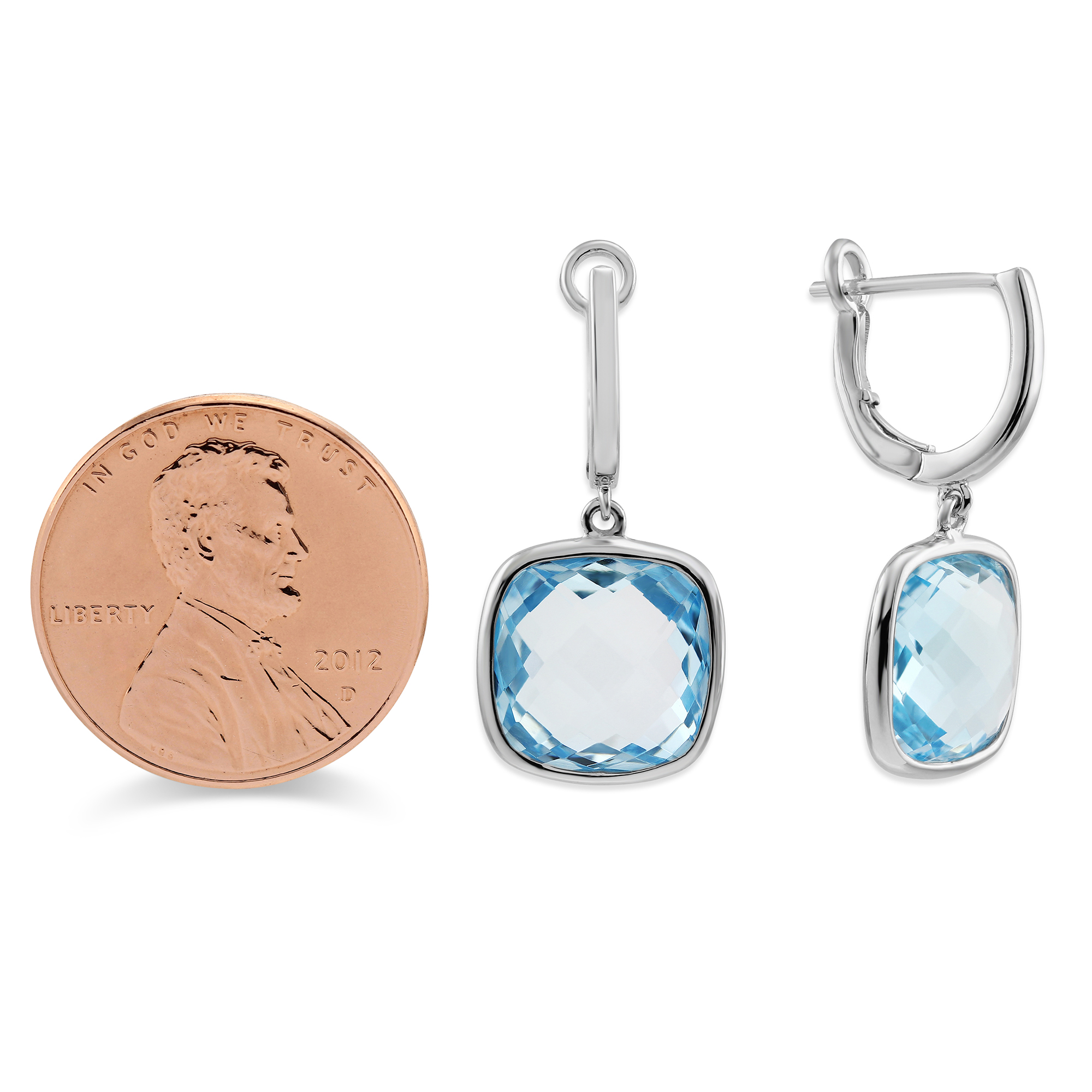 14K White Gold Cushion Checkerboard Blue Topaz Drop Earrings