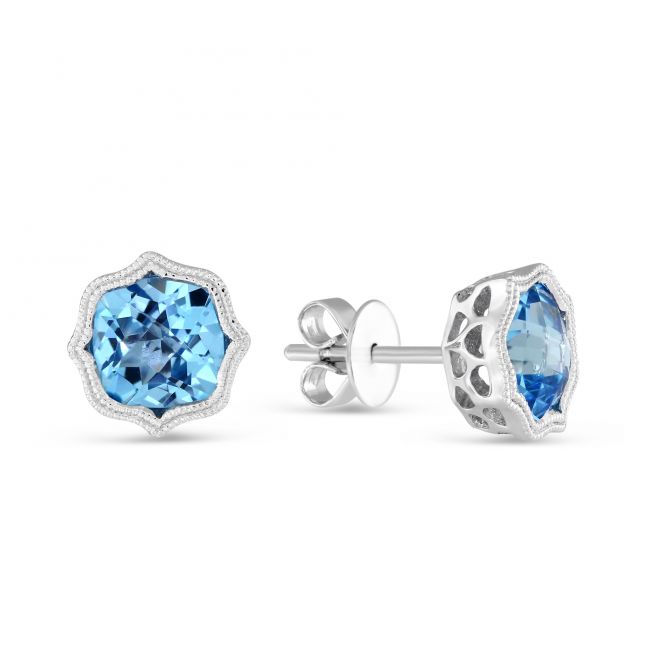 14K White Gold Swiss Blue Topaz Earrings with Double Milgrain