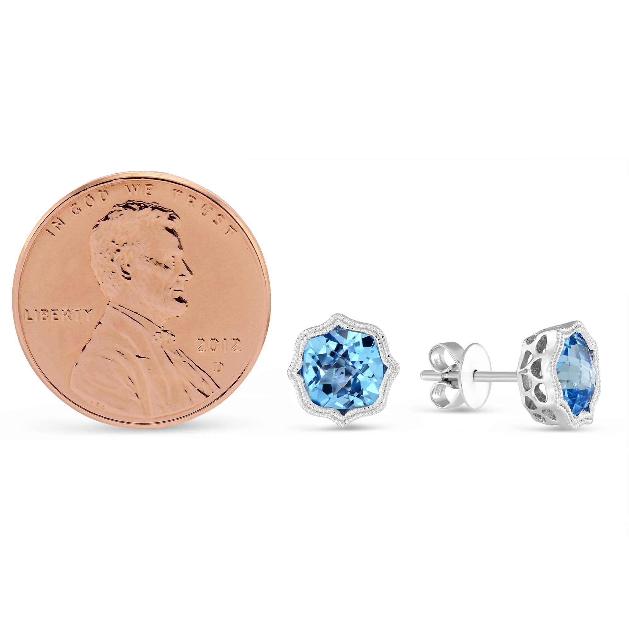 14K White Gold Swiss Blue Topaz Earrings with Double Milgrain