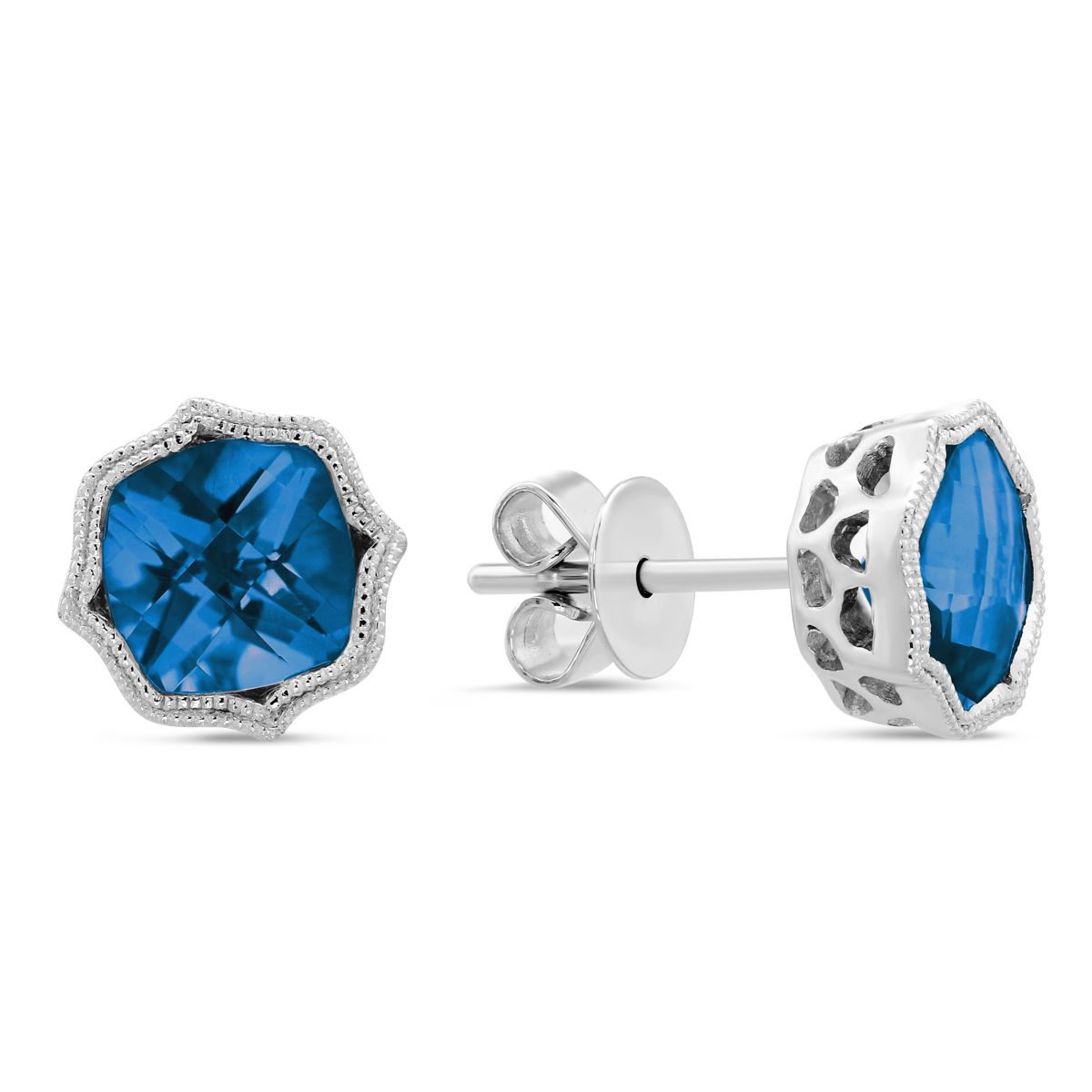 14k White Gold London Blue Topaz Earrings With Double Milgrain Edge 14k White Gold London Blue Topaz Earrings With Double Milgrain Edge