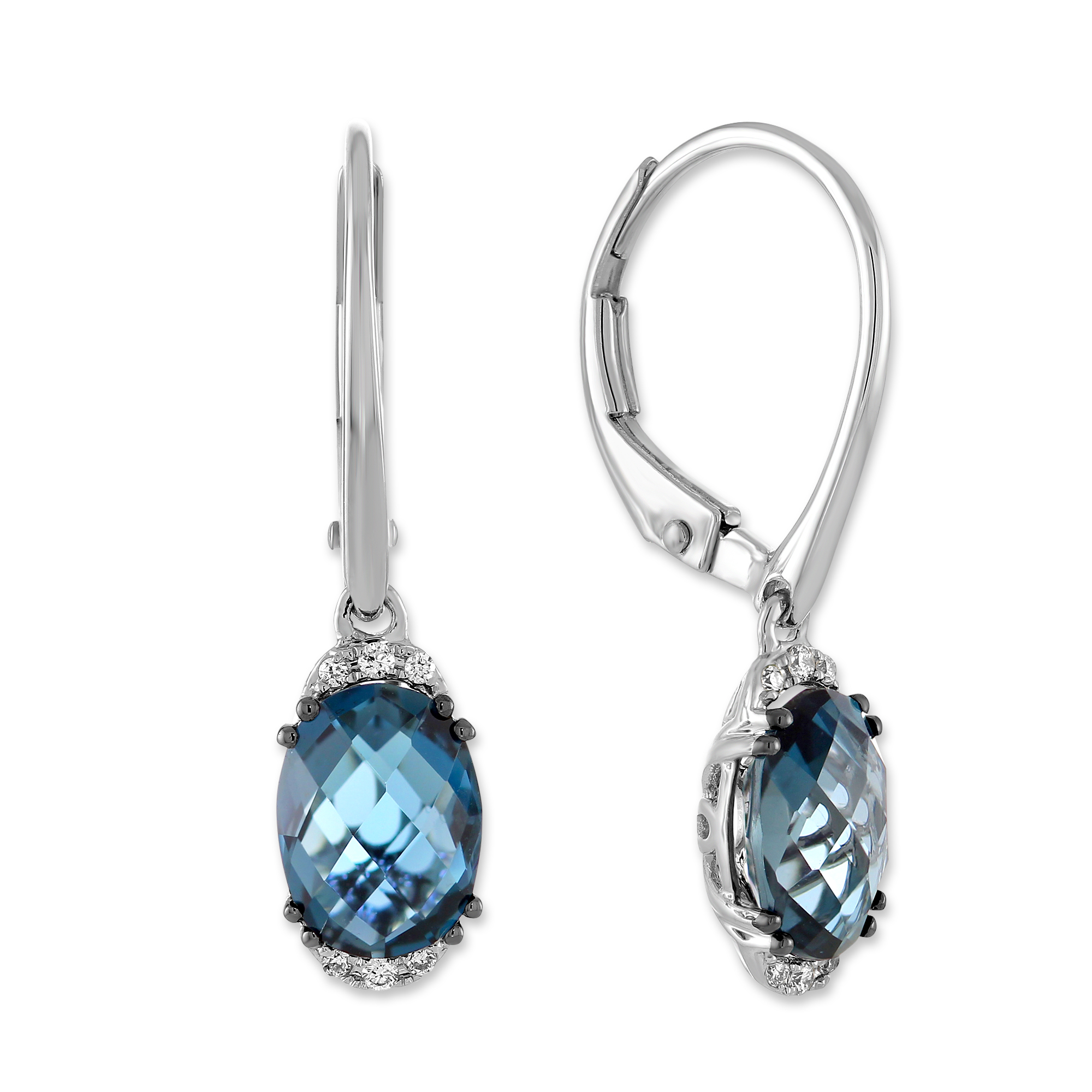 14K White Gold Checkerboard Oval Blue Topaz and Round Diamond Drop Earrings