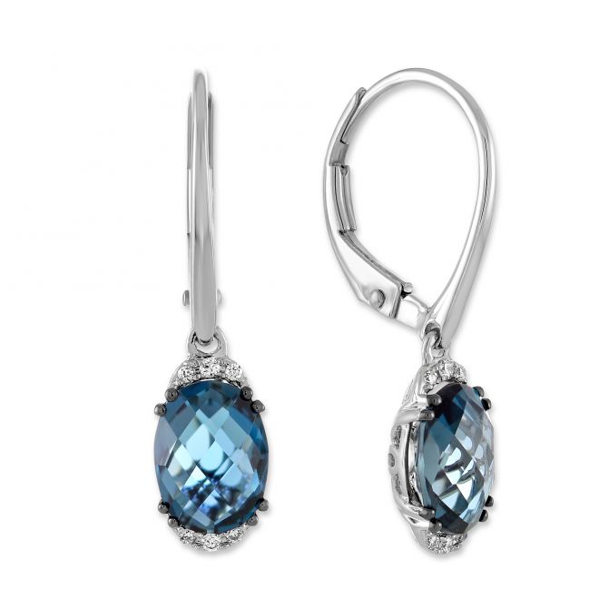 14K White Gold Checkerboard Oval Blue Topaz and Round Diamond Drop Earrings