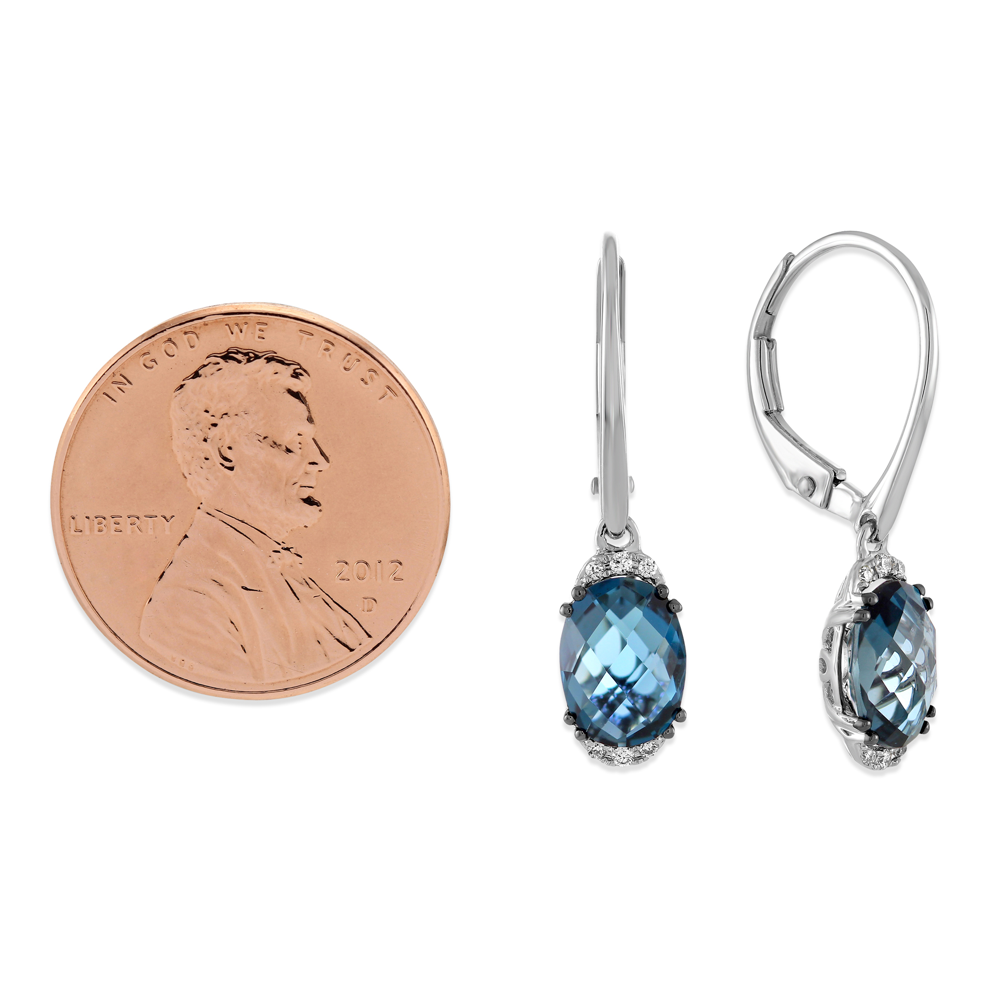 14K White Gold Checkerboard Oval Blue Topaz and Round Diamond Drop Earrings