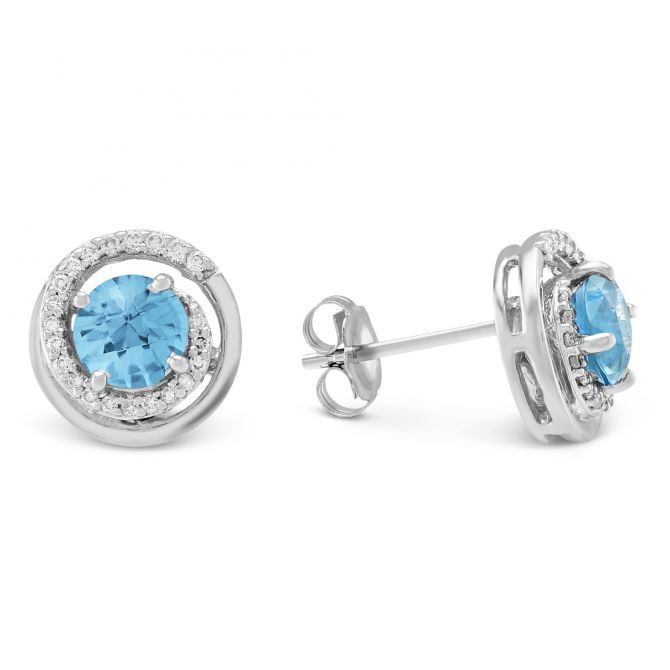 14K White Gold Blue Topaz & Diamond Swirl Earrings