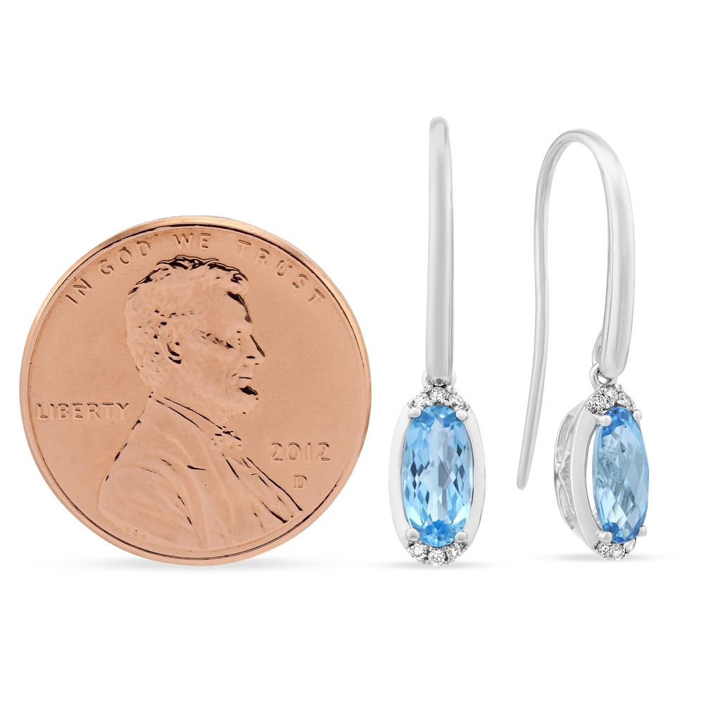 14K White Gold Checkerboard Oval Light Blue Topaz and Diamond Drop Earrings