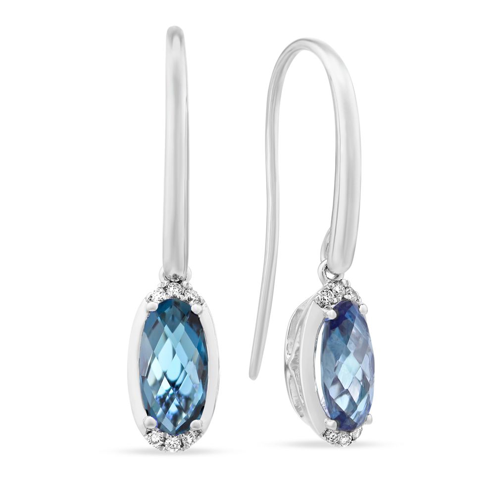 14K White Gold Checkerboard Oval Dark Blue Topaz and Diamond Drop Earrings