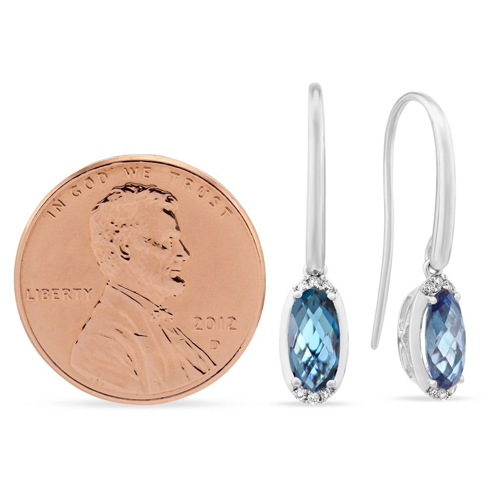 14K White Gold Checkerboard Oval Dark Blue Topaz and Diamond Drop Earrings