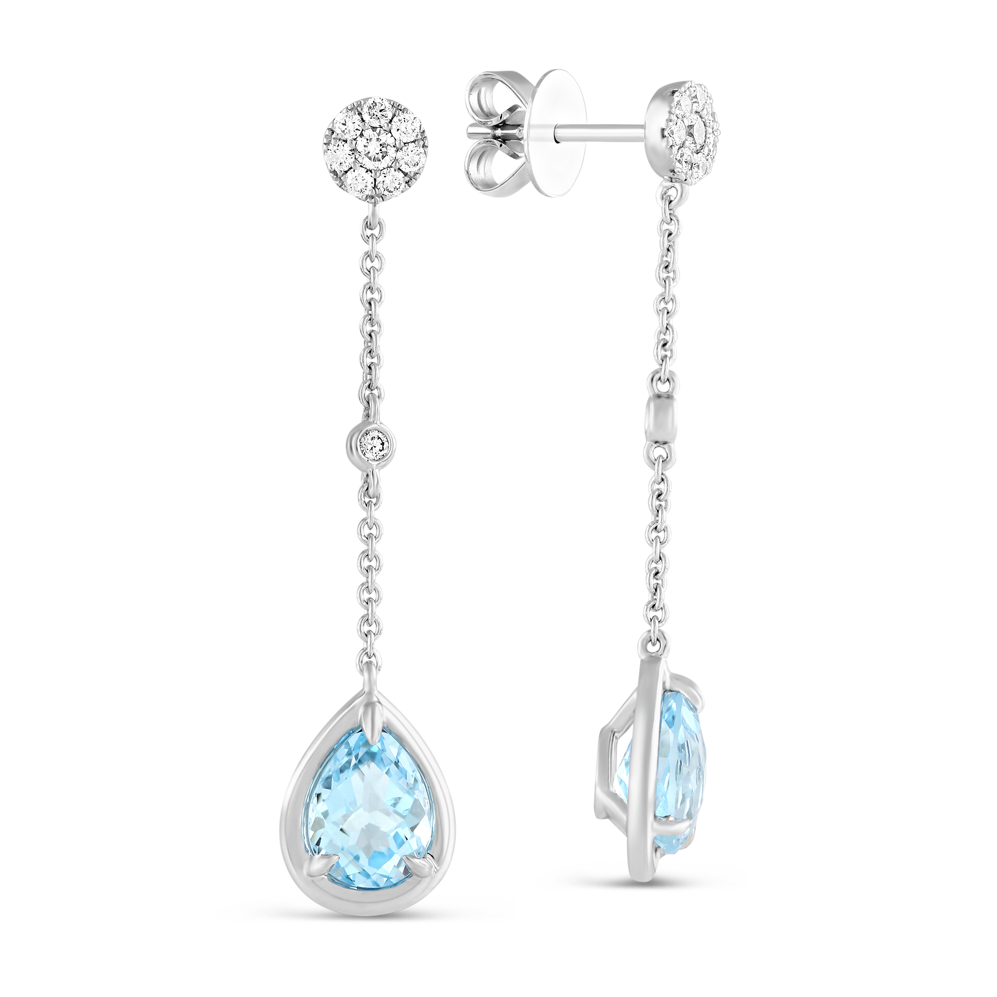 14K White Gold Earrings with Dangling Pear Shape and Round Blue Topaz Gemstones