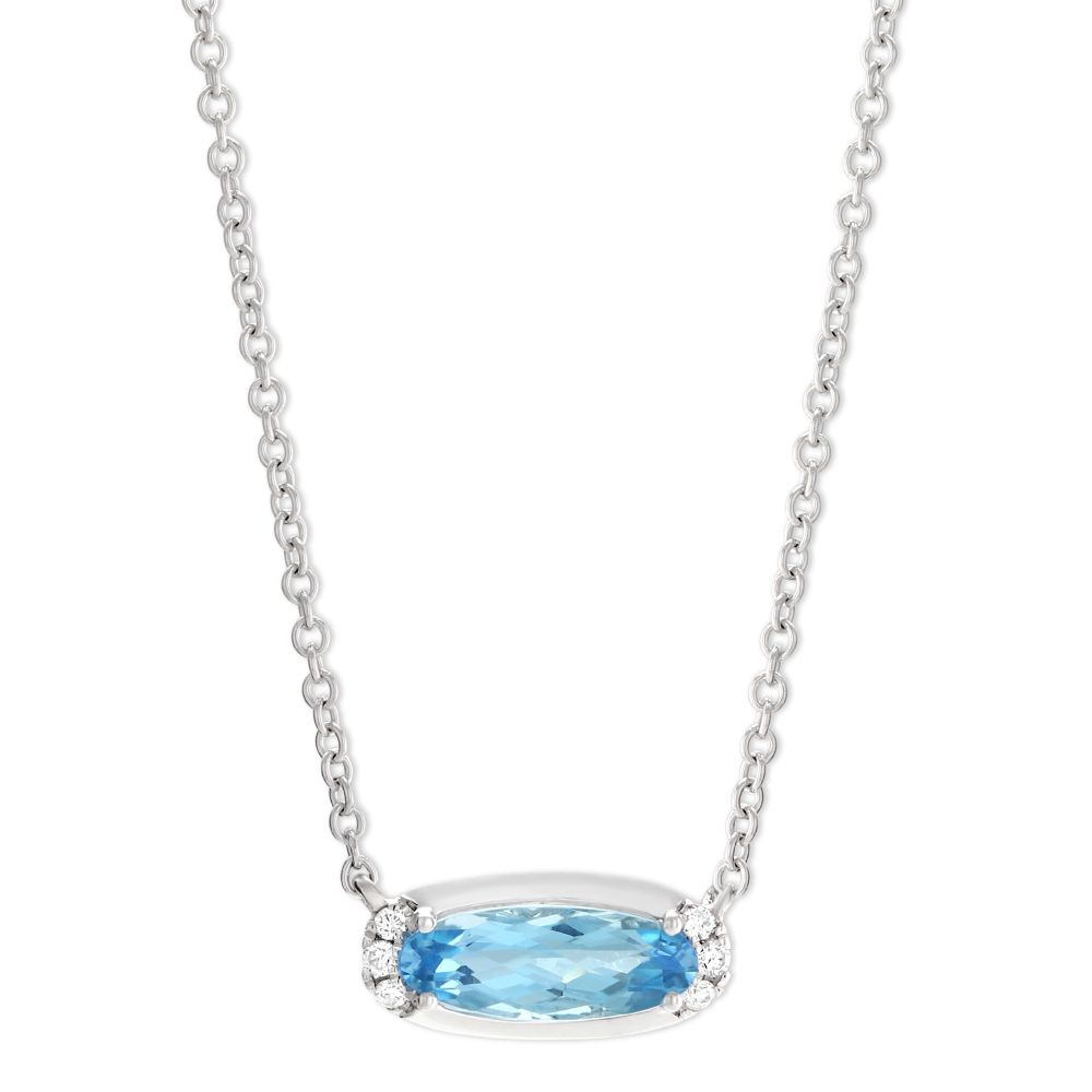 14K White Gold Oval Blue Topaz & Diamond East West Necklace, 18