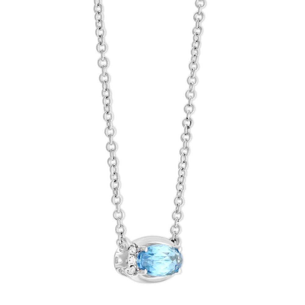14K White Gold Oval Blue Topaz & Diamond East West Necklace, 18