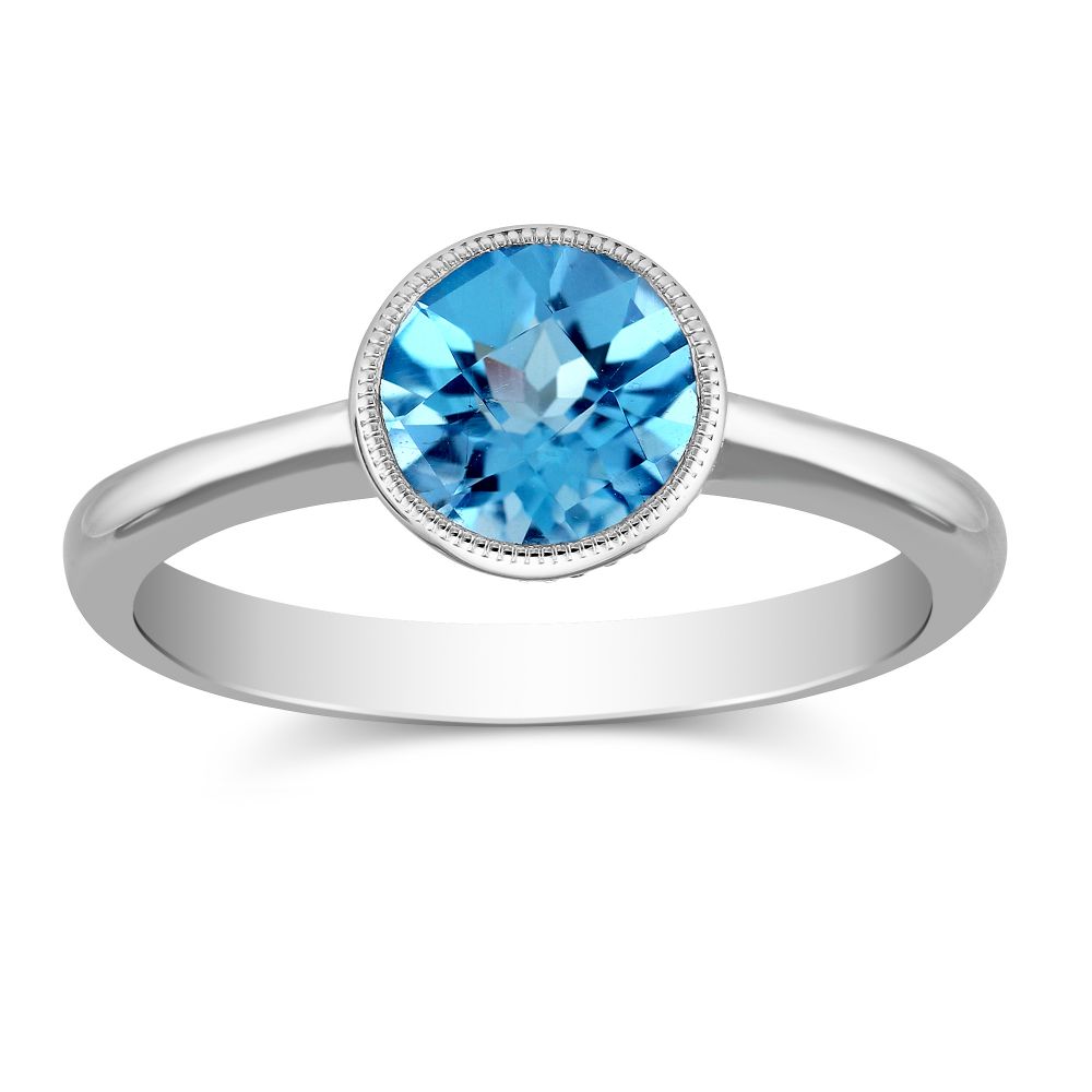 14K White Gold Round Blue Topaz Bezel Set Ring