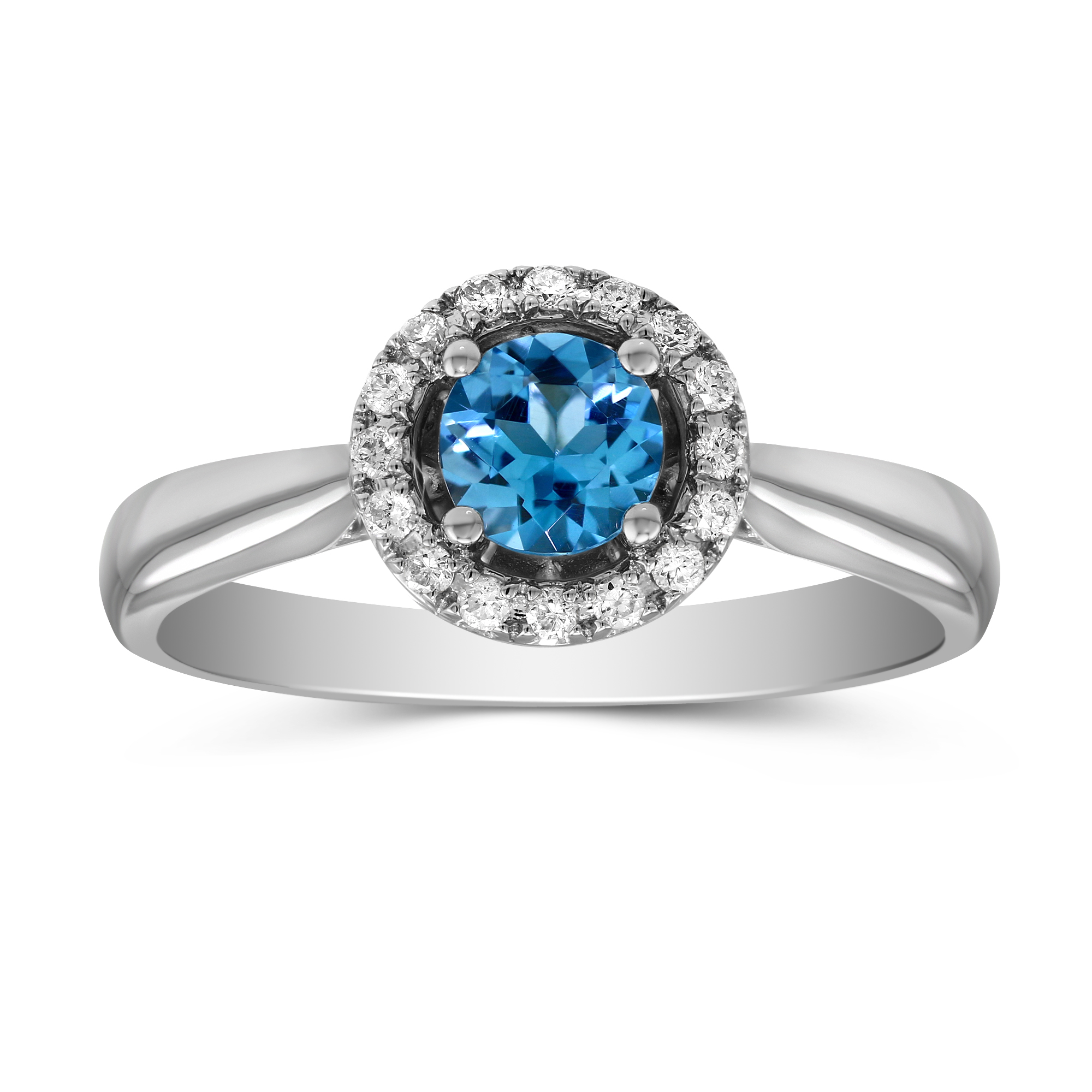 14K White Gold Round Blue Topaz & Diamond Halo Ring