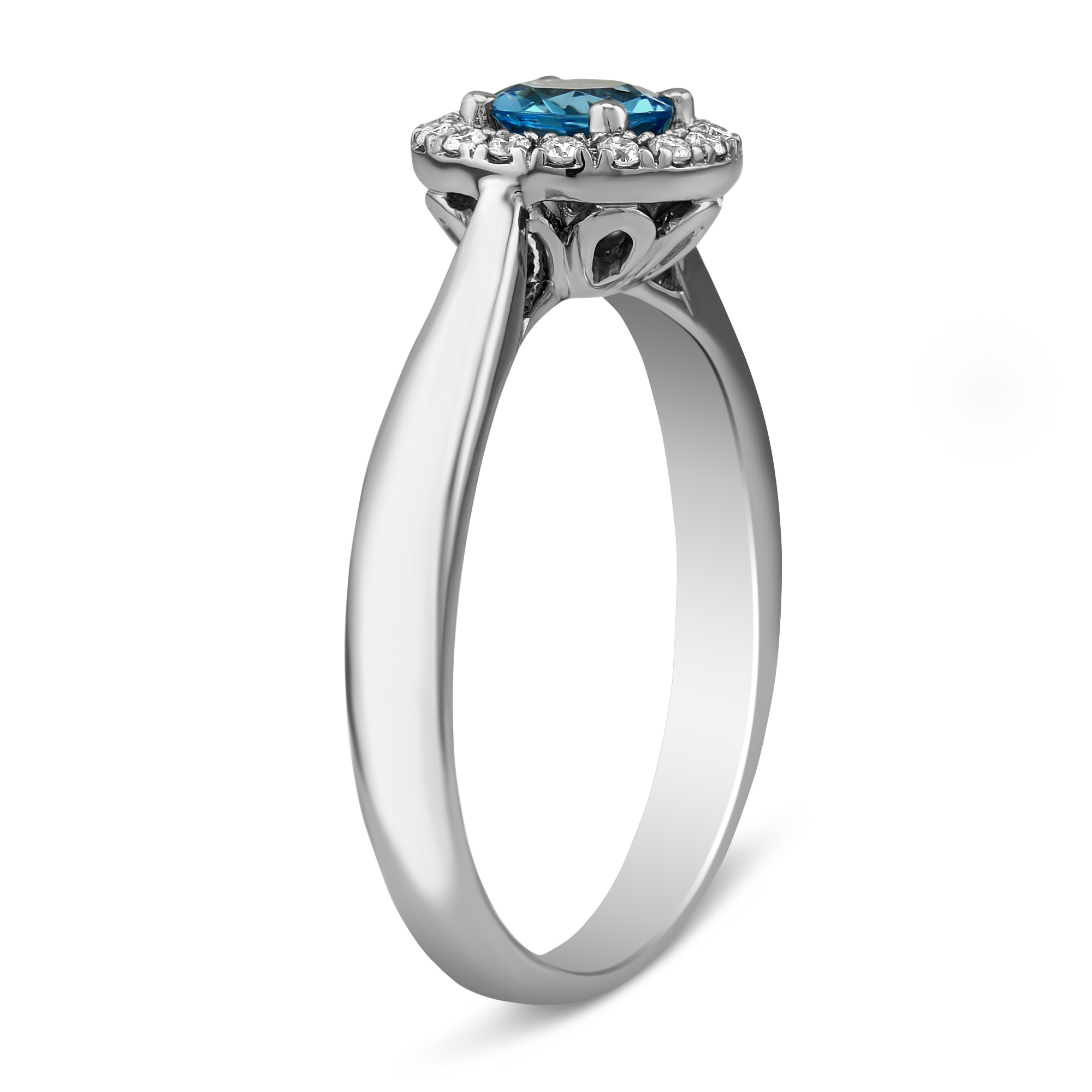 14K White Gold Round Blue Topaz & Diamond Halo Ring