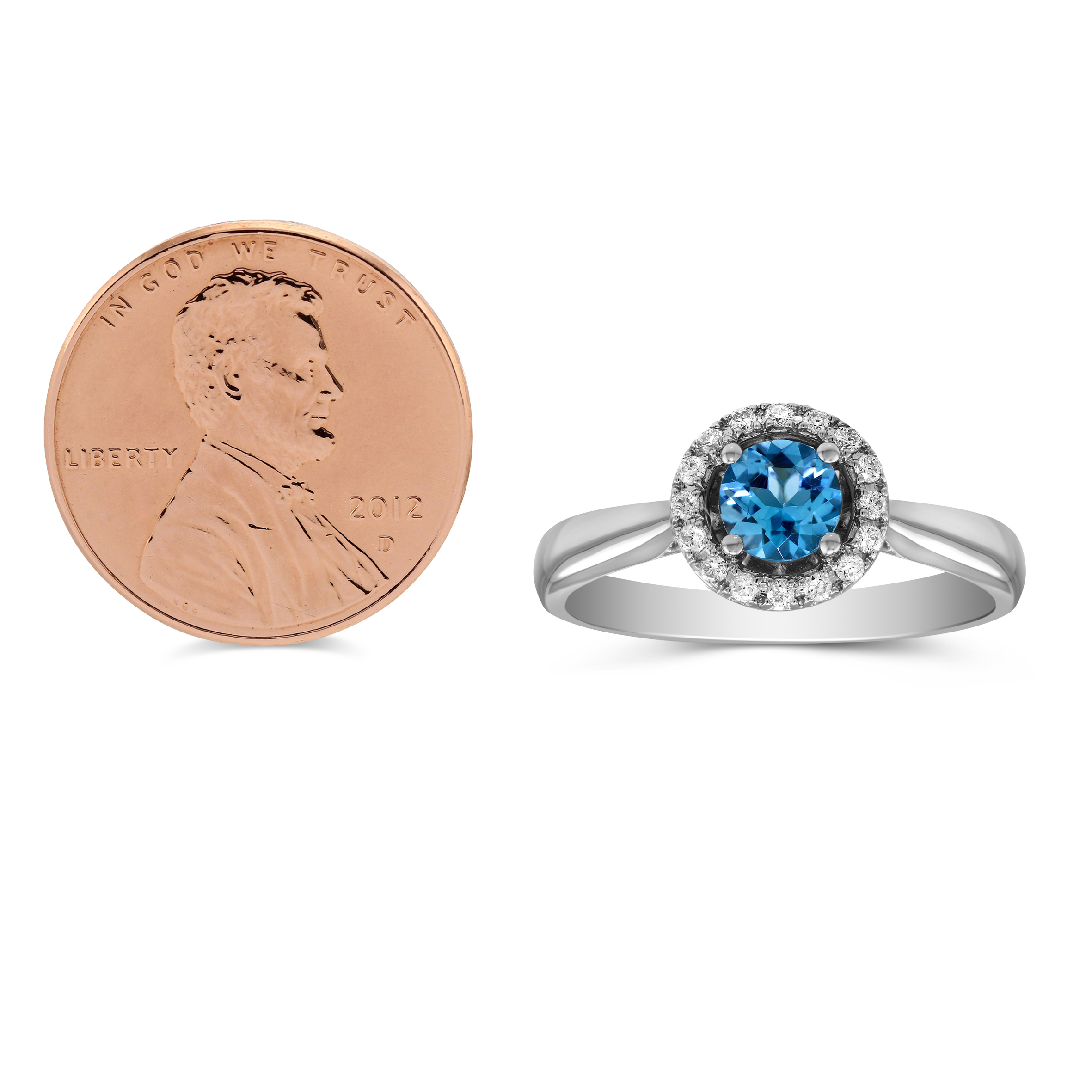 14K White Gold Round Blue Topaz & Diamond Halo Ring