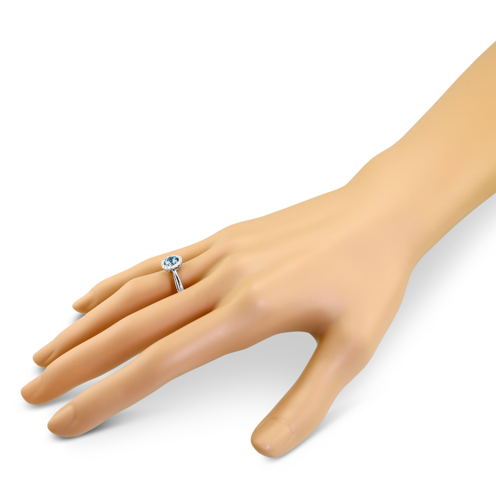 14K White Gold Round Blue Topaz & Diamond Halo Ring