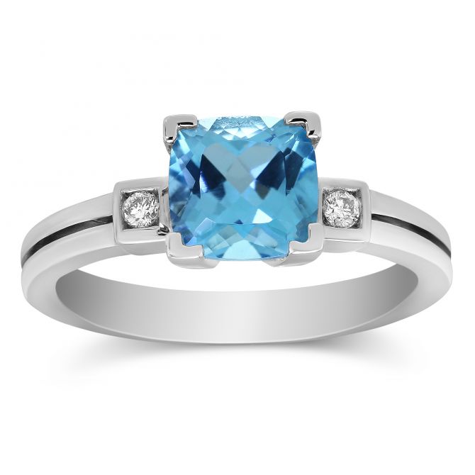 14K White Gold Checkerboard Cushion Blue Topaz & Diamond Ring