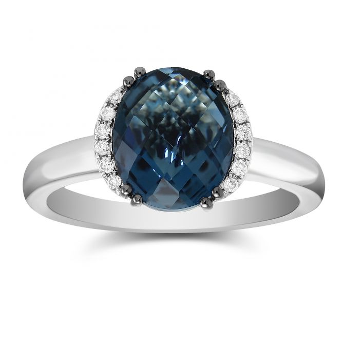 14K White Gold Oval Blue Topaz & Diamond Ring