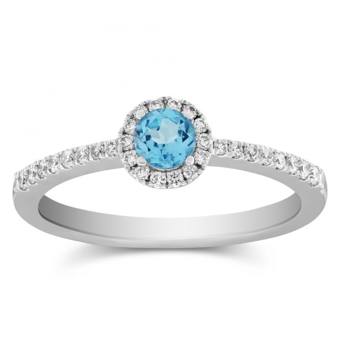 14K White Gold Round Blue Topaz & Diamond Halo Ring