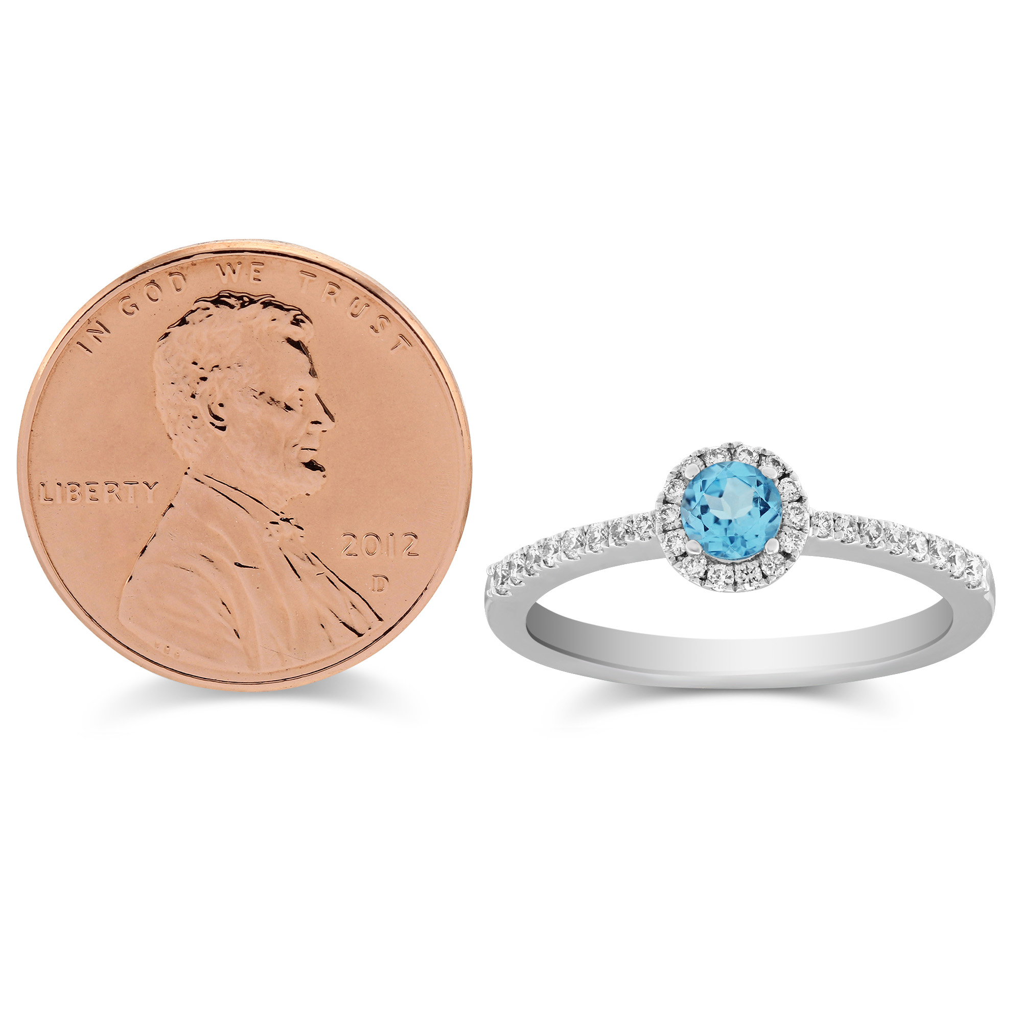 14K White Gold Round Blue Topaz & Diamond Halo Ring