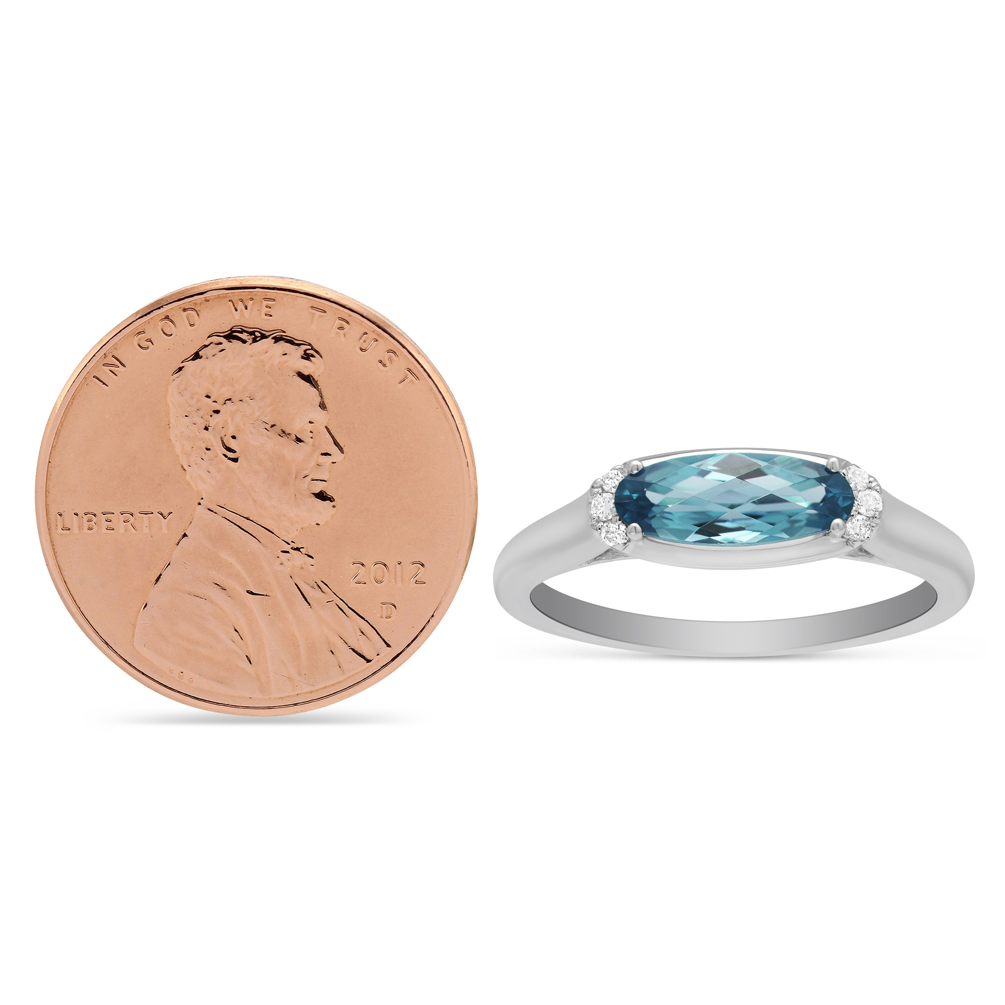 14K White Gold East West Oval Blue Topaz & Diamond Ring