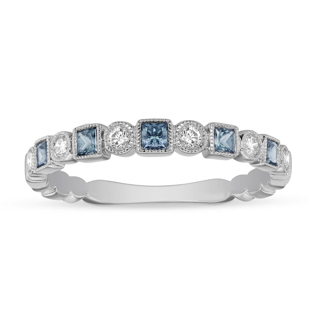 Princess Cut Blue Topaz & Round Diamond Geometric Milgrain Ring in White Gold