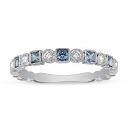 Image for Princess Cut Blue Topaz & Round Diamond Geometric Milgrain Ring in White Gold