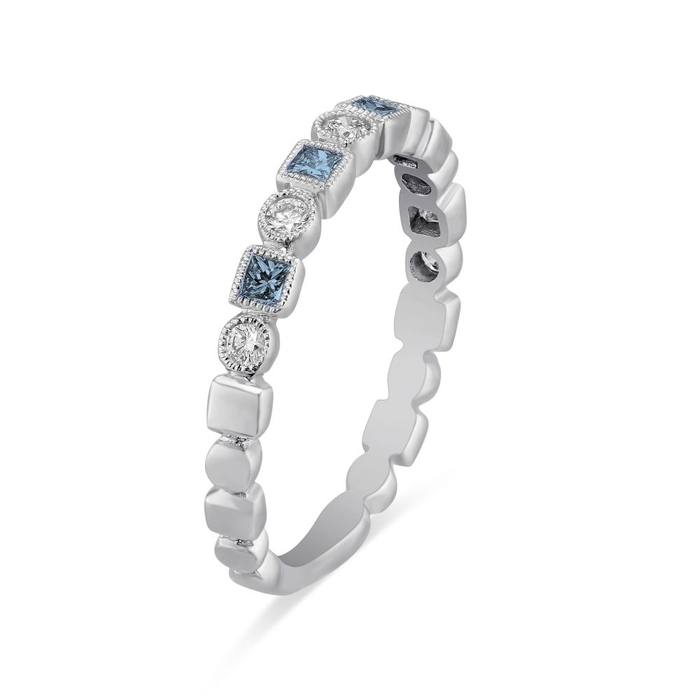 Princess Cut Blue Topaz & Round Diamond Geometric Milgrain Ring in White Gold