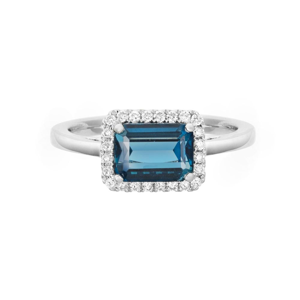 14K White Gold East West Emerald Cut Blue Topaz & Diamond Halo Ring ...