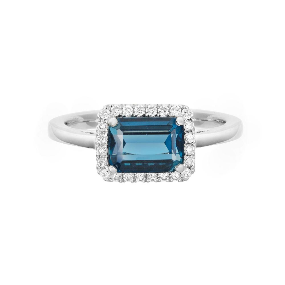 14K White Gold East West Emerald Cut Blue Topaz & Diamond Halo Ring