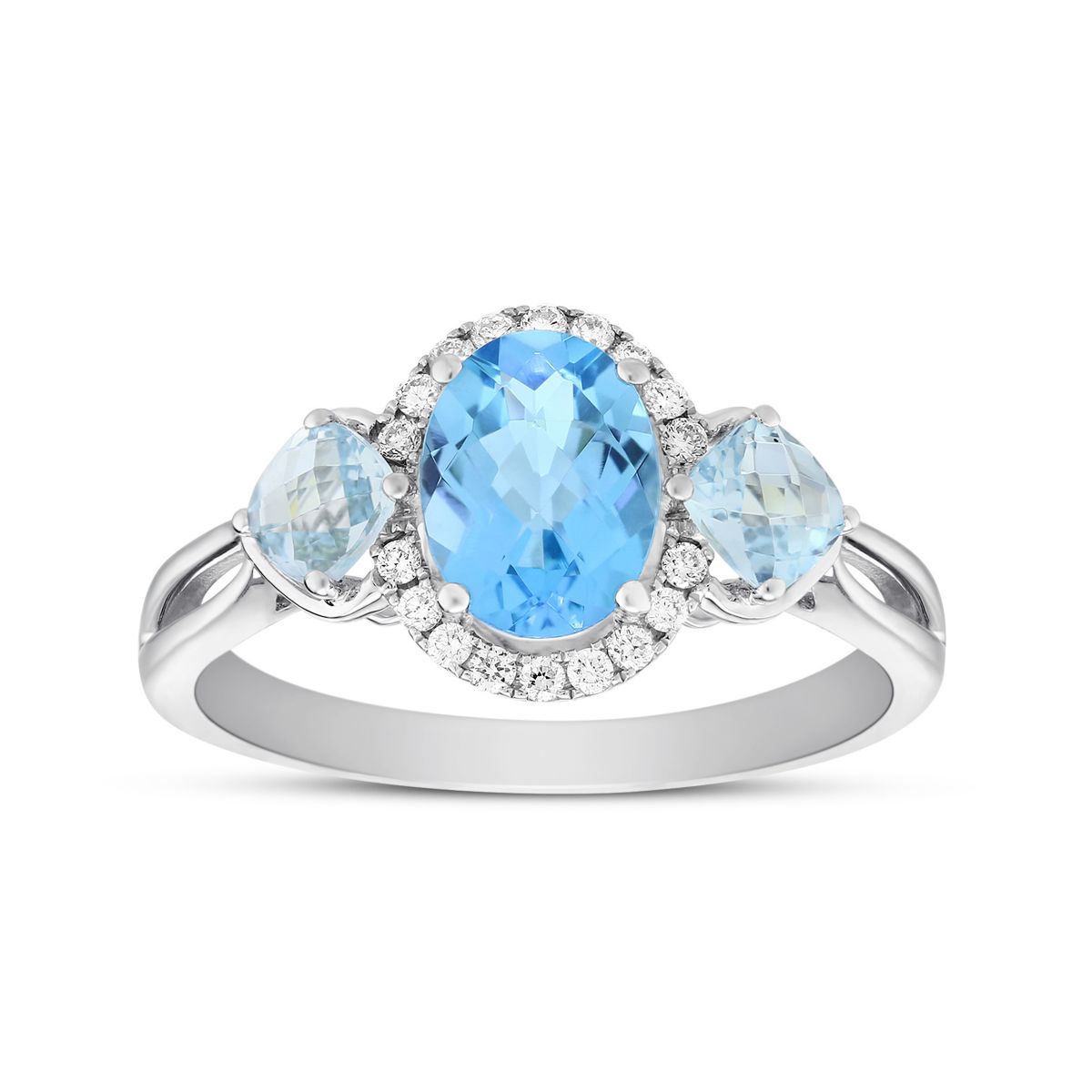 14K White Gold Oval and Cushion Blue Topaz 3 Stone Ring with Diamond Halo