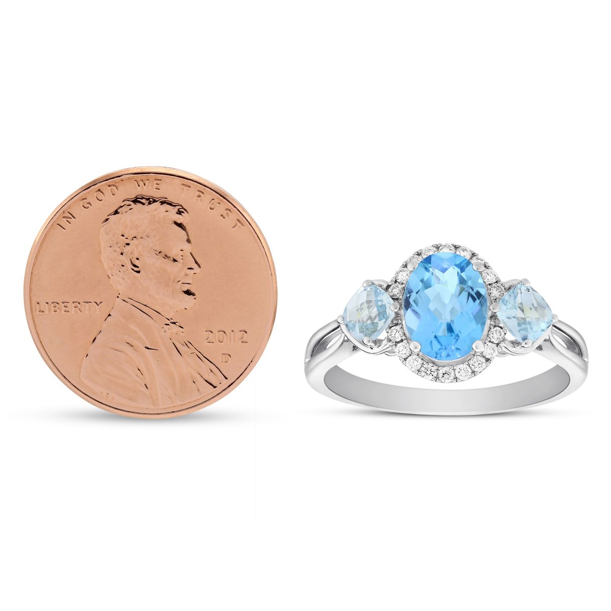 14K White Gold Oval and Cushion Blue Topaz 3 Stone Ring with Diamond Halo