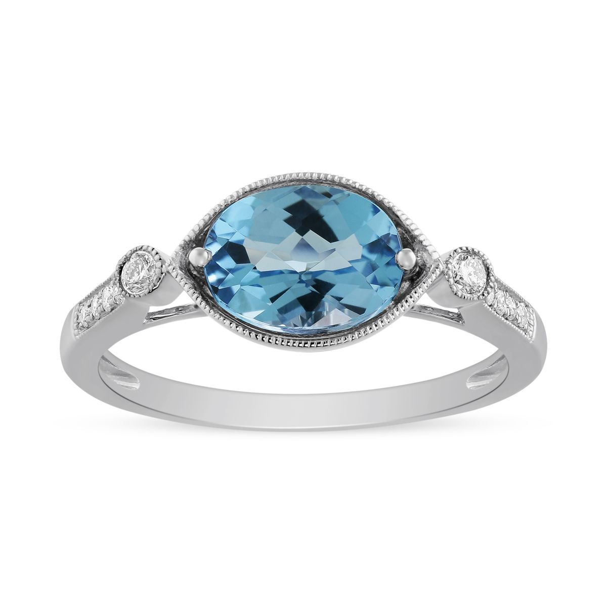 14K White Gold Oval Blue Topaz & Diamond Milgrain East-West Ring