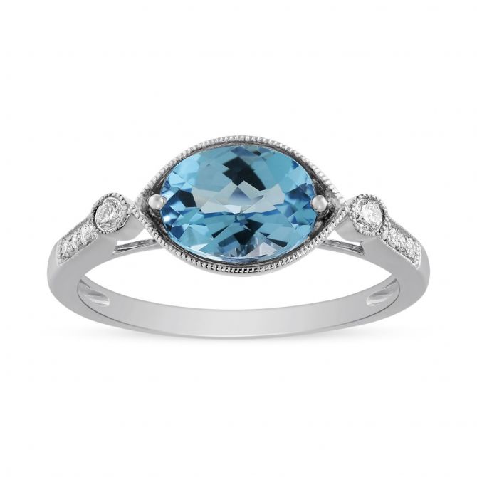 14K White Gold Oval Blue Topaz & Diamond Milgrain East-West Ring