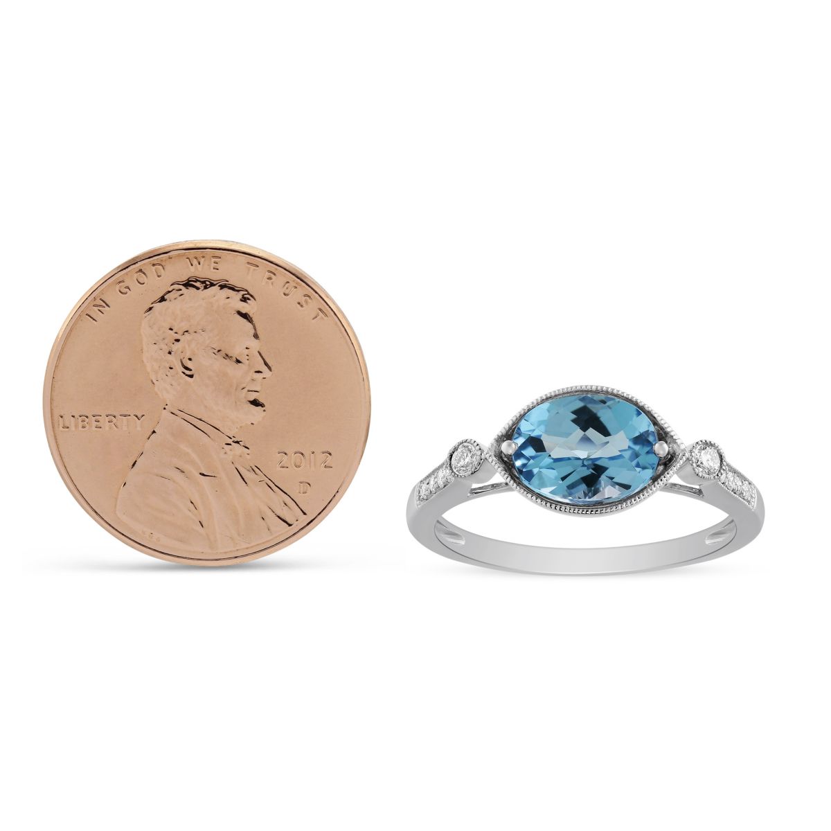 14K White Gold Oval Blue Topaz & Diamond Milgrain East-West Ring