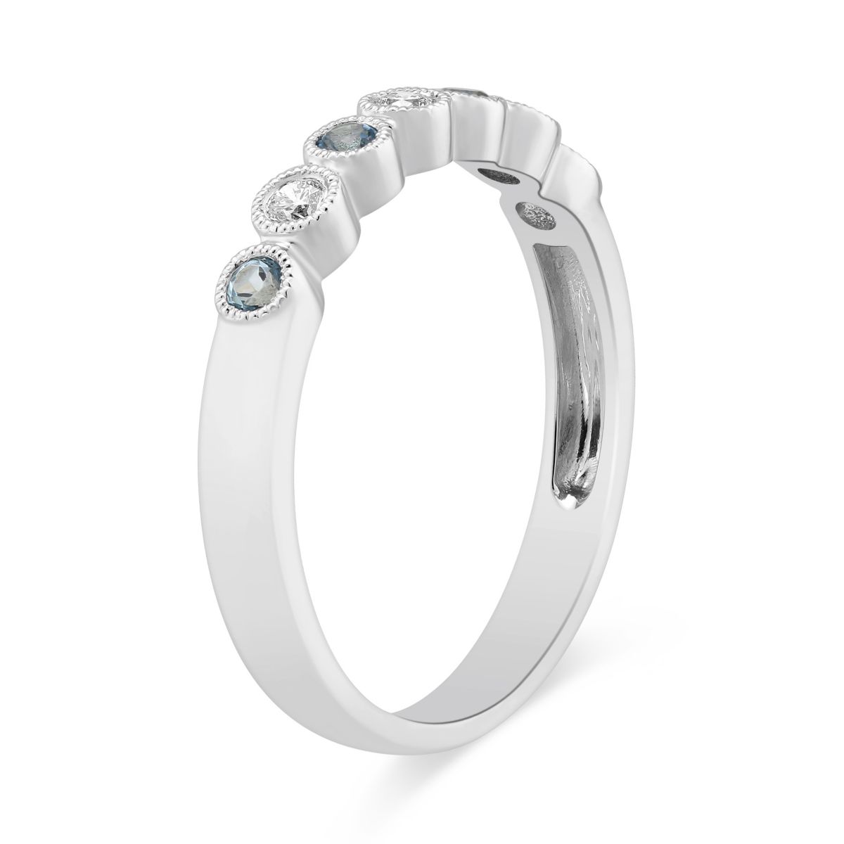 14K White Gold Round Blue Topaz & Diamond Bezel Set Milgrain Ring