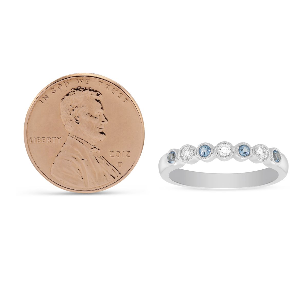 14K White Gold Round Blue Topaz & Diamond Bezel Set Milgrain Ring