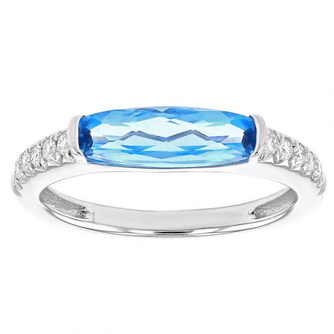14K White Gold Checkerboard Elongated Cushion Blue Topaz & Diamond Shank Ring
