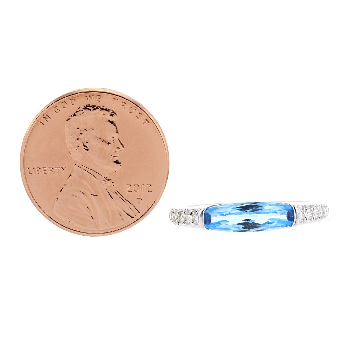 14K White Gold Checkerboard Elongated Cushion Blue Topaz & Diamond Shank Ring