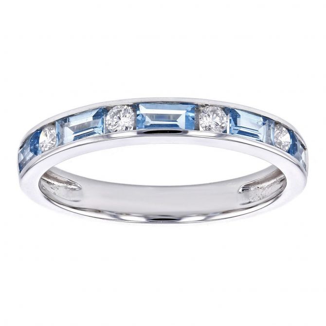 14K White Gold Blue Topaz Baguette & Diamond Alternating Ring