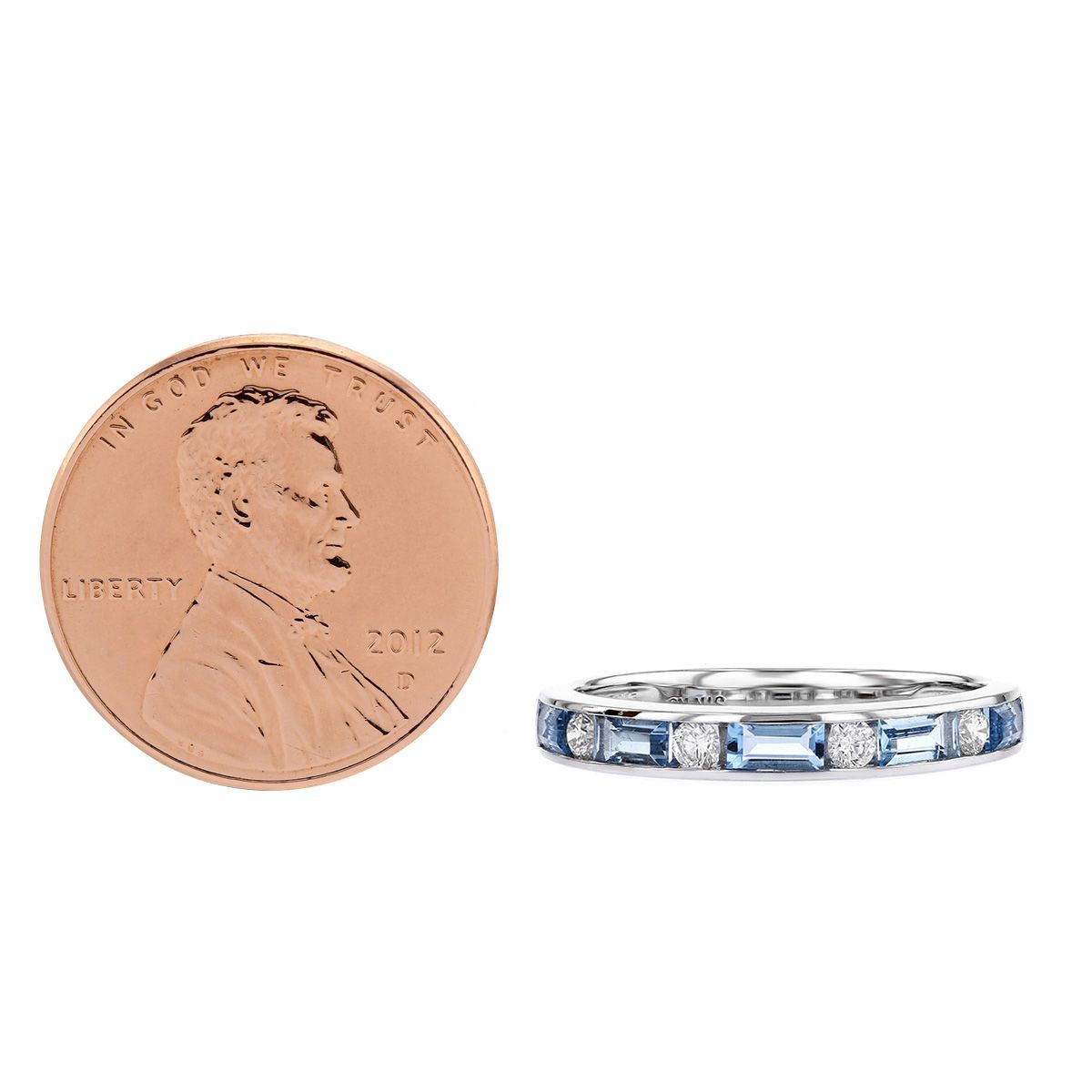 14K White Gold Blue Topaz Baguette & Diamond Alternating Ring
