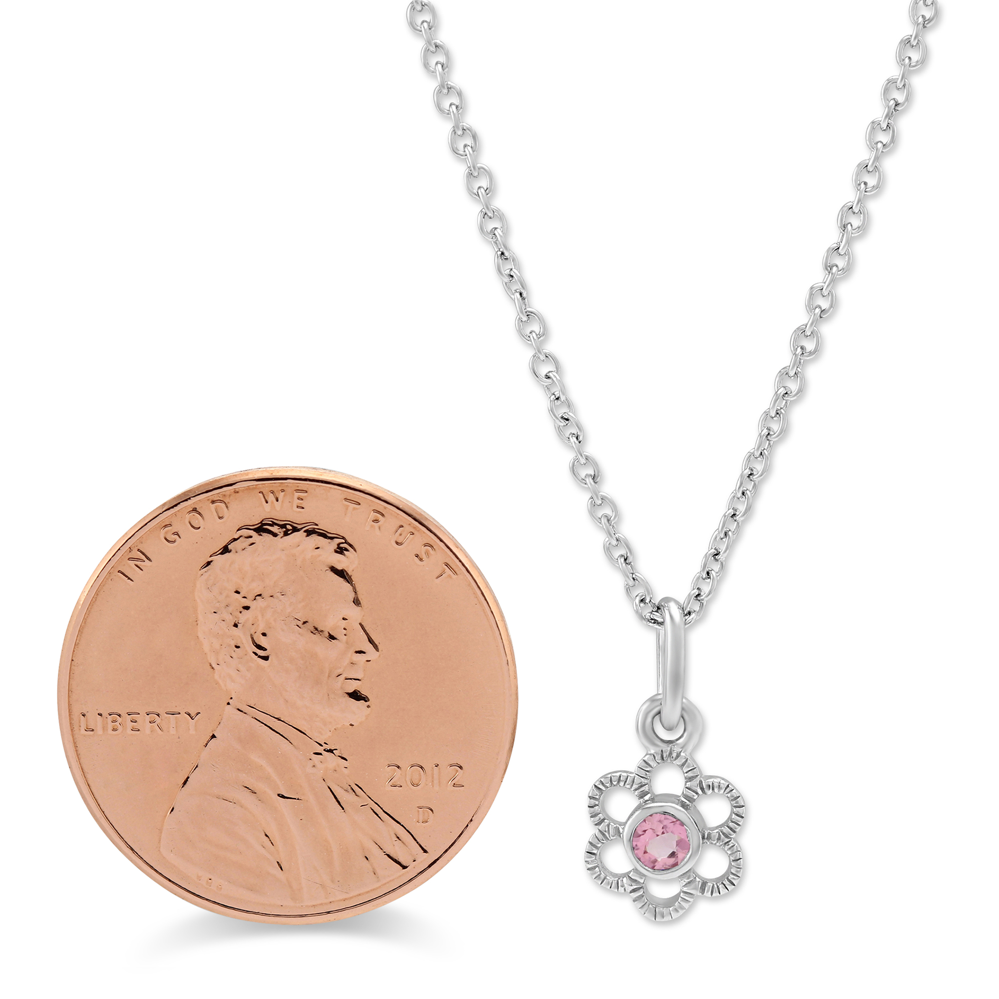 Sterling Silver Child's Pink Tourmaline Flower Pendant, 15
