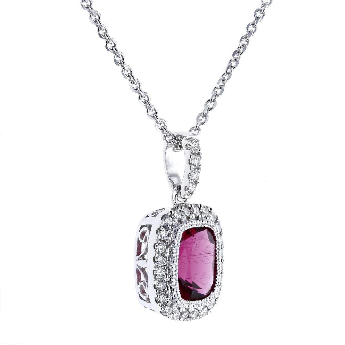 14K White Gold Cushion Rubellite Tourmaline & Diamond Frame Pendant, 18