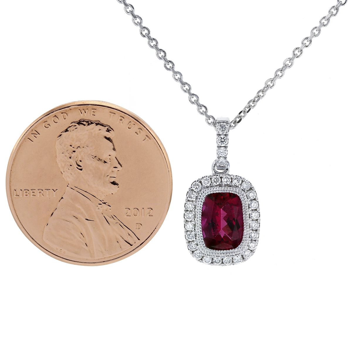 14K White Gold Cushion Rubellite Tourmaline & Diamond Frame Pendant, 18