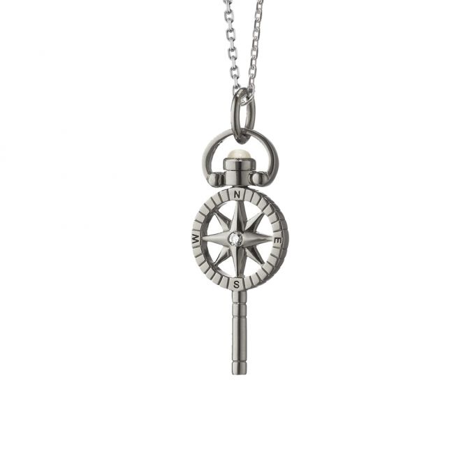 Monica Rich Kosann Mini "Travel" Compass Key Necklace with White Sapphire in Sterling Silver