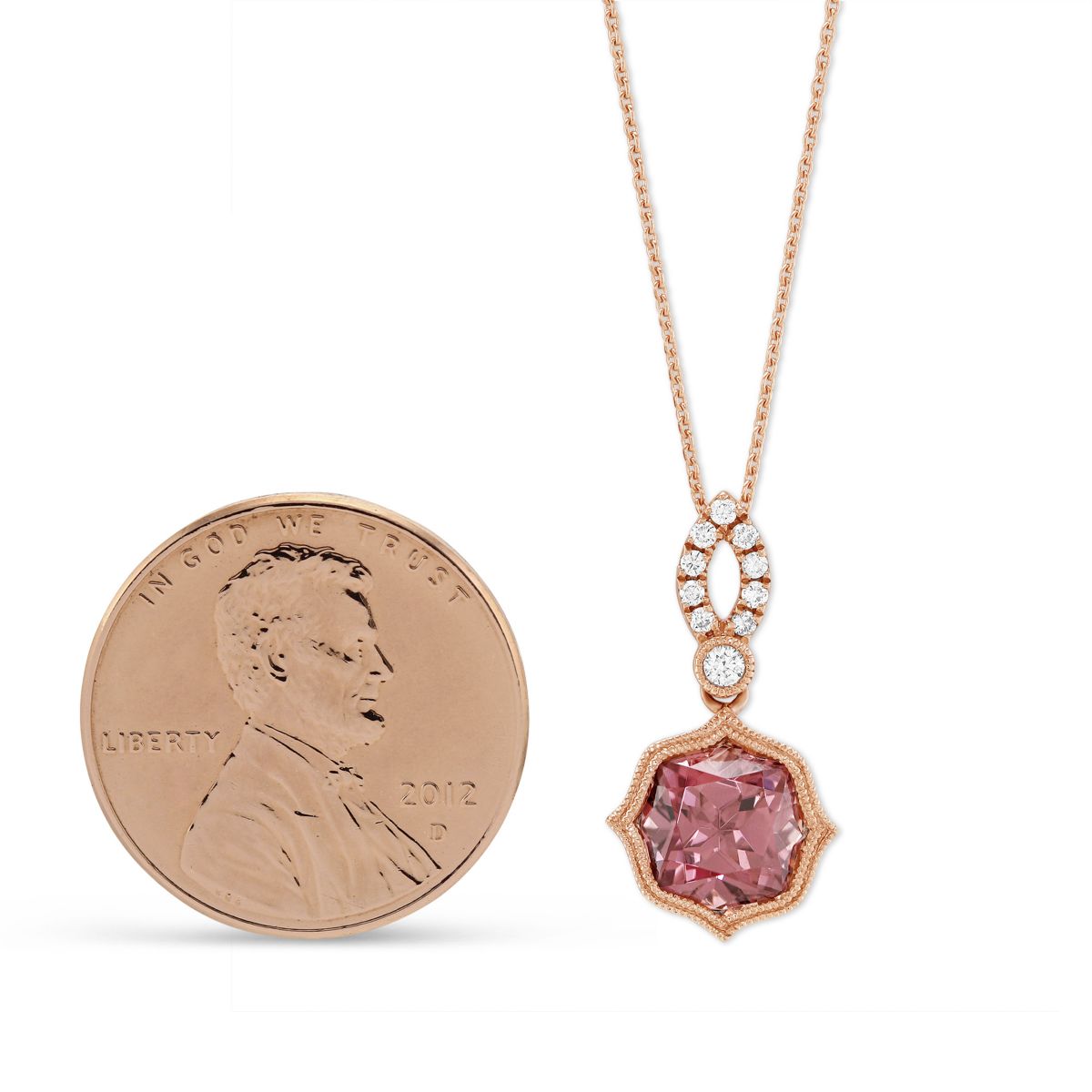 14K Rose Gold Pink Zircon and Round Diamond Pendant