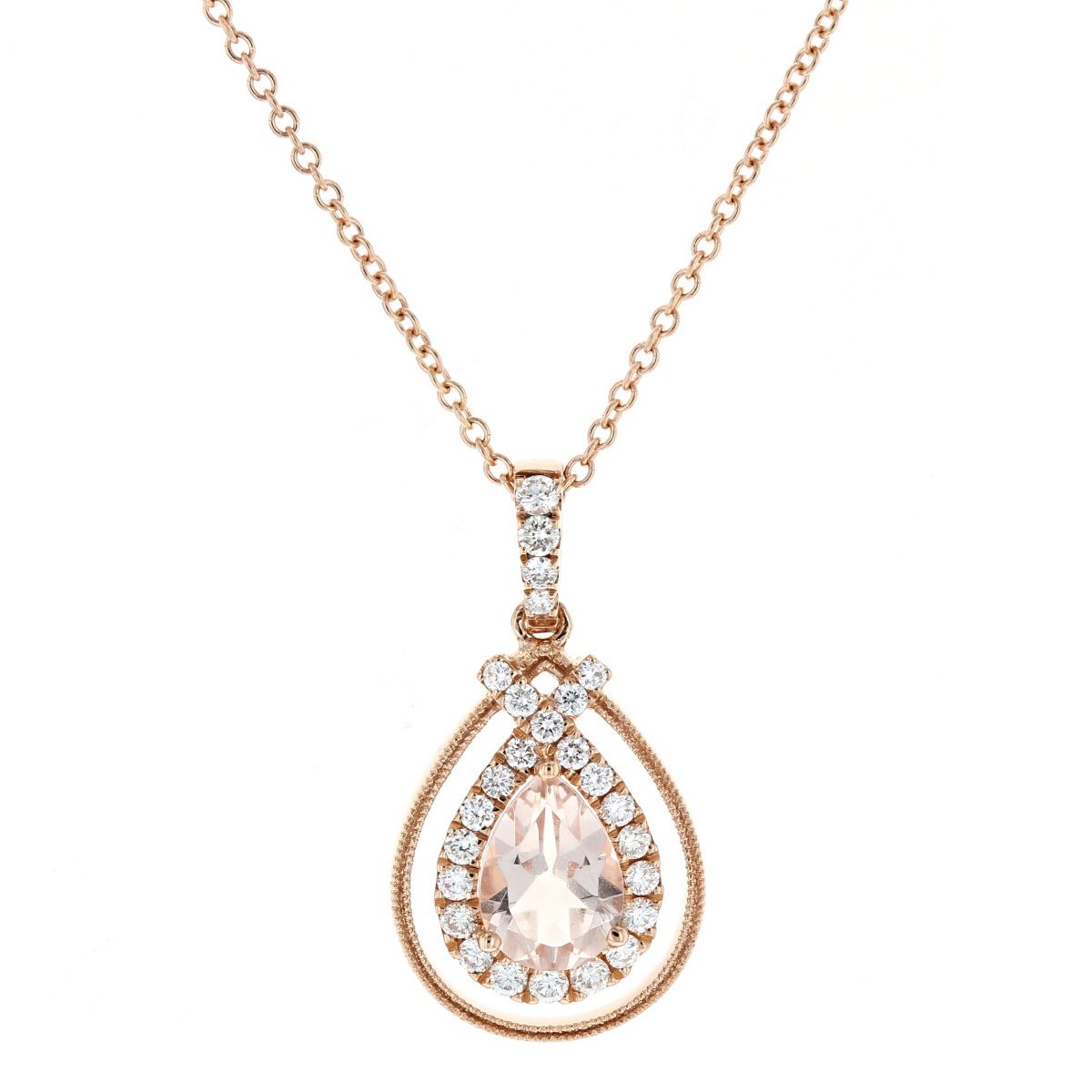 Doves 18k Rose Gold Pear Shaped Morganite Diamond Frame Pendant 18