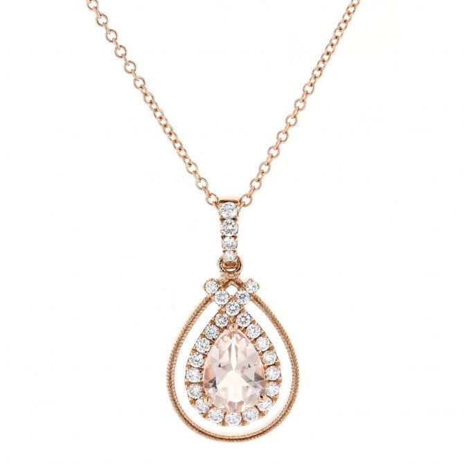 Doves Rose Pear Shaped Morganite & Diamond Frame Pendant in Rose Gold, 18"