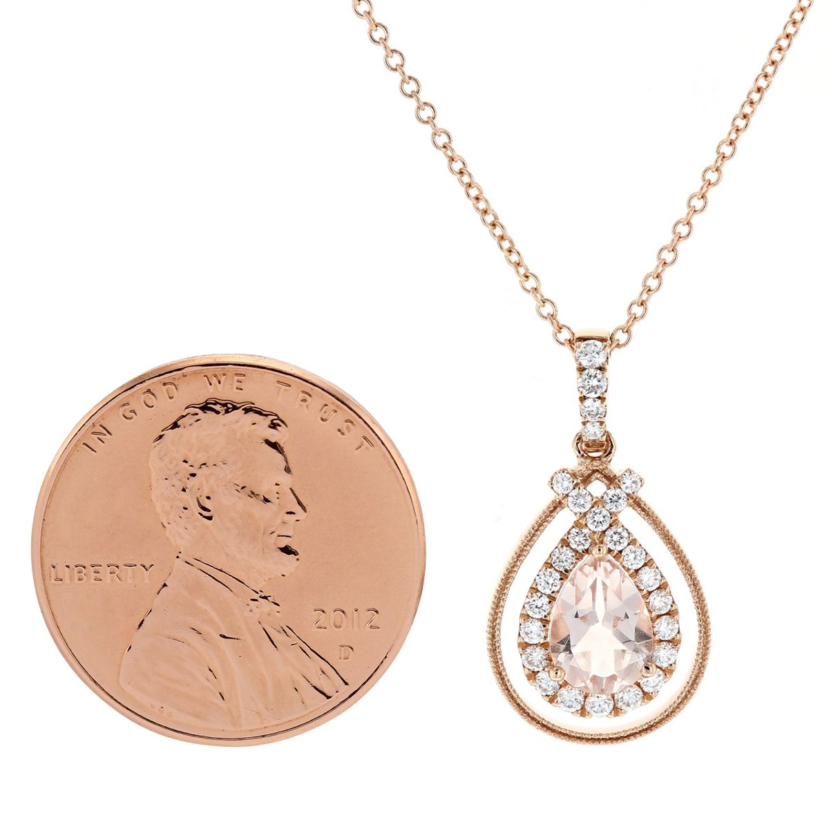 Doves Rose Pear Shaped Morganite & Diamond Frame Pendant in Rose Gold, 18