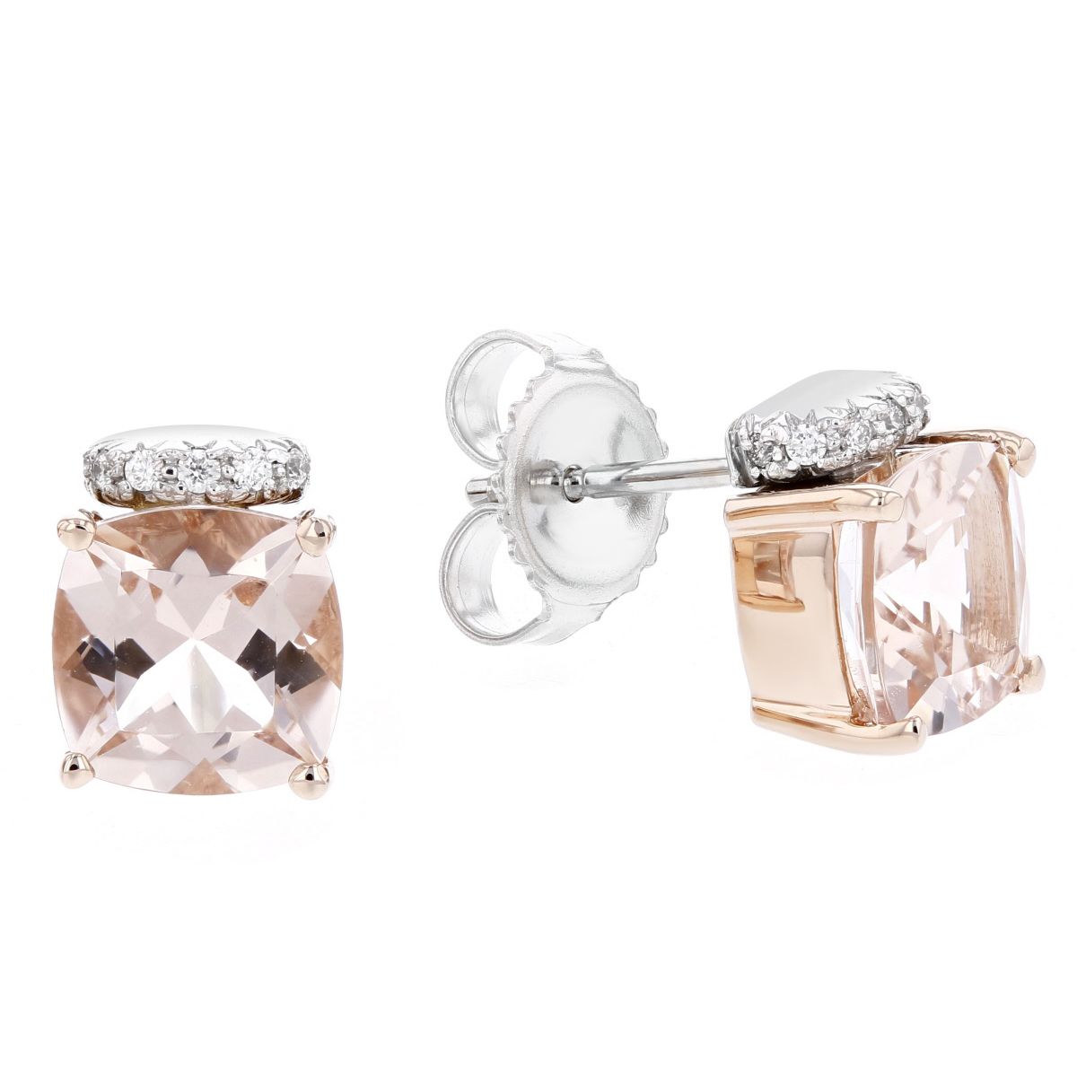 14k Rose White Gold Cushion Morganite Diamond Post Earrings 14k Rose White Gold Cushion Morganite Diamond Post Earrings